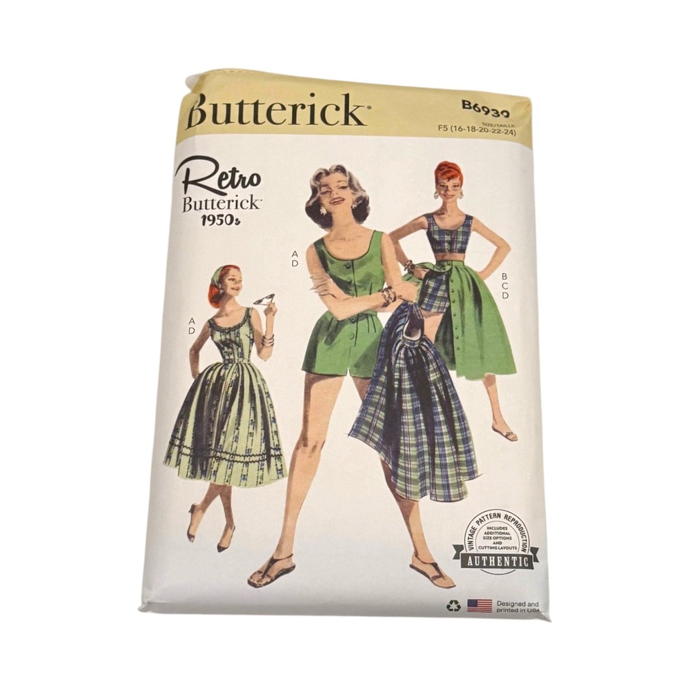 Butterick B6939 Sewing Pattern Retro 1950s Playsuit Skirt Top Sz 16-24 New Uncut